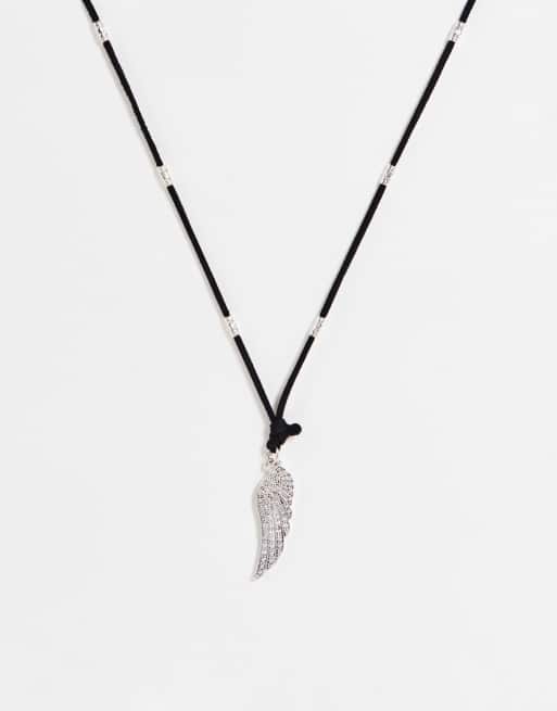 Topman - Collana in tessuto con ciondolo ad ala argentato