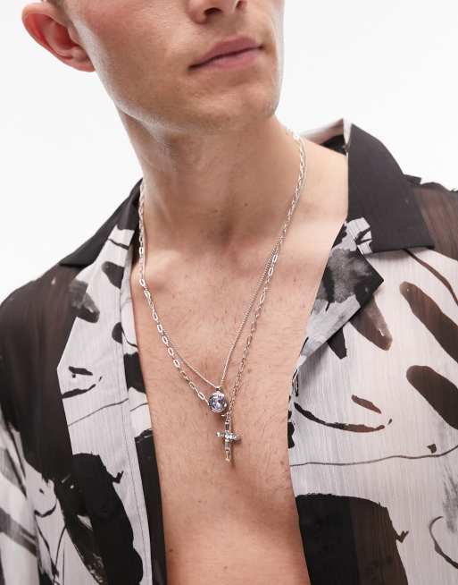 Topman - Collana multifilo con pendente con pietra e croce