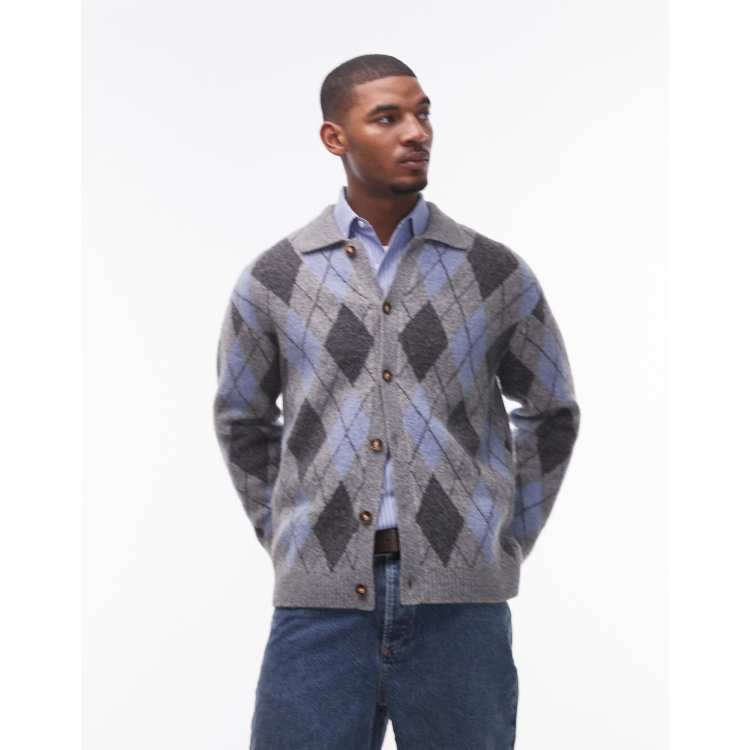Topman collared cardigan in gray & blue argyle | ASOS