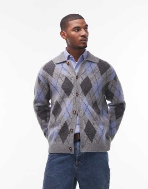 Topman collared cardigan in grey & blue argyle - view 1