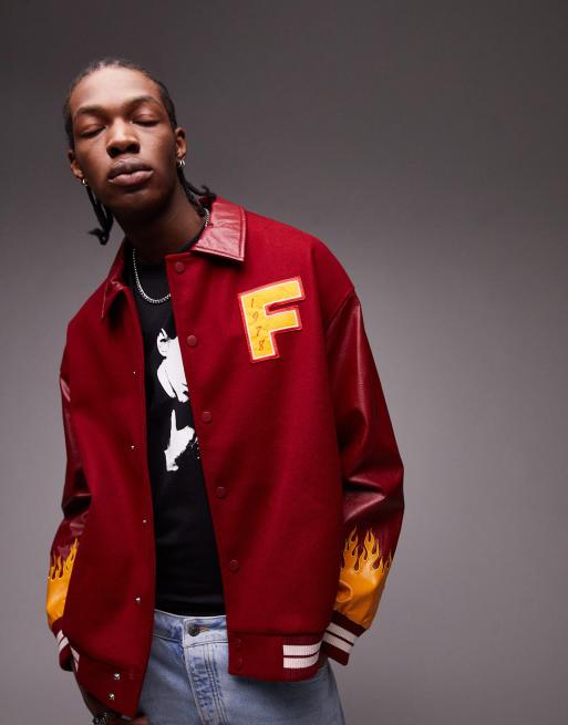 Topman – College-Jacke in Burgunderrot mit Flammenstickerei, 3 von 4