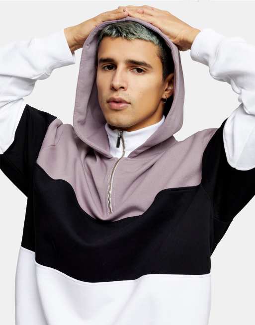 Topman color block half zip hoodie in black and lilac