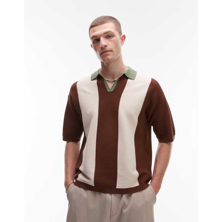 Topman color block knit camp collar polo shirt in sage neutral
