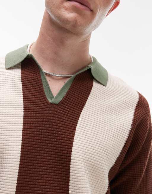 Topman color block knit camp collar polo shirt in sage neutral