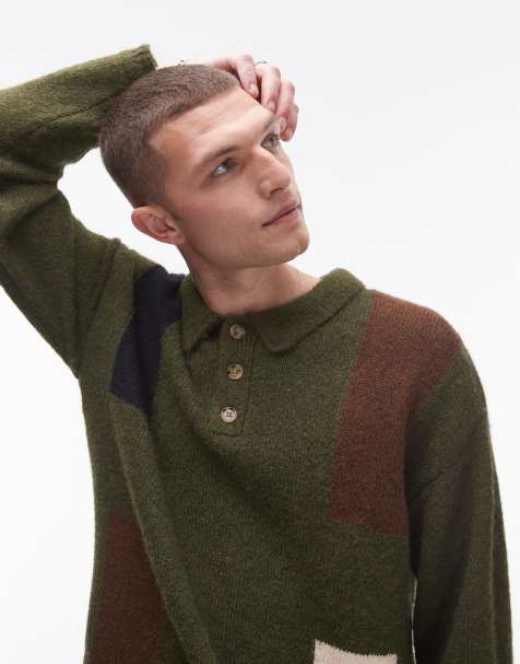 Topman colour block polo in khaki - view 1