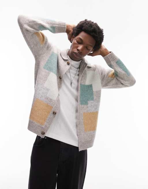 Topman colourblock knitted button through jumper in grey