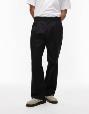 Topman Compact Cotton Wide Leg Pants In Black