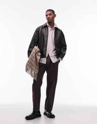 Topman Compact Cotton Wide Leg Pants In Brown
