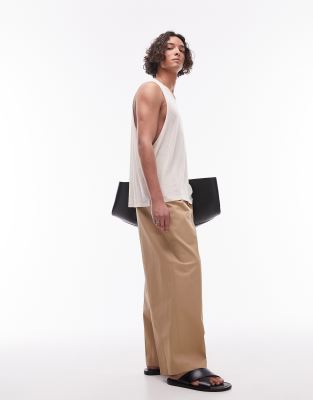 Topman Compact Cotton Wide Leg Pants In Stone-neutral