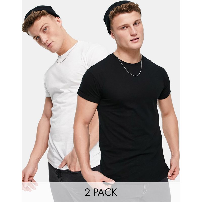 Confezioni multipack Uomo Topman - Confezione da 2 T-shirt skinny nera e bianca con maniche arrotolate