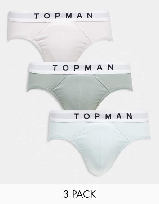 Topman - Confezione da 3 slip grigi, blu e verde salvia con fascia in vita bianca