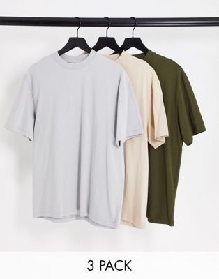 Topman 3 pack oversized t-shirt khaki, stone and light grey - ASOS Price Checker