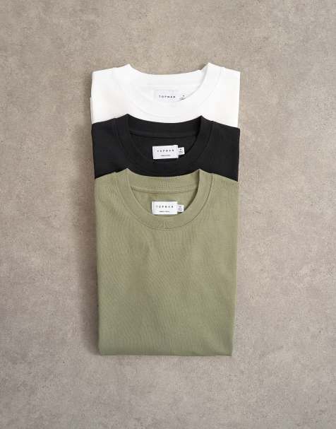Topman confezione da 3 T-shirt relaxed fit in bianco, nero e oliva - view 1