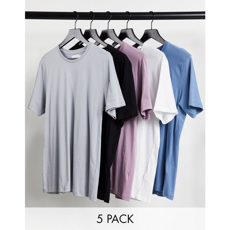 fv2Pp Uomo Topman - Confezione da 5 t-shirt classiche bianca, nera, grigio chiaro, rosa polvere e blu polvere