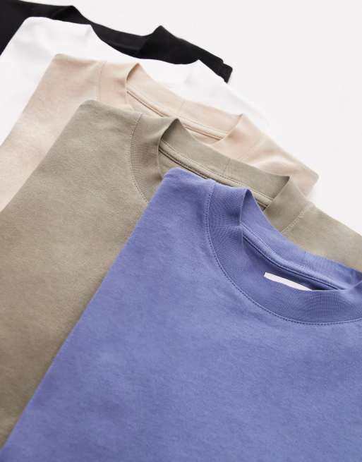 Topman - Confezione da 5 T-shirt oversize nera, bianca, blu, kaki e pietra