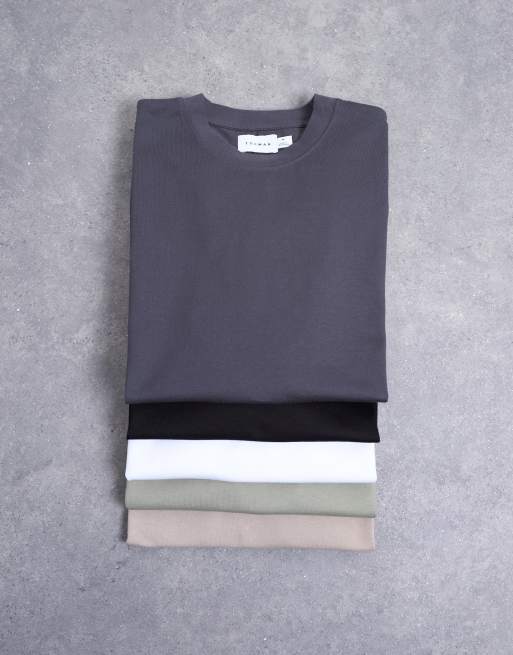 Topman - Confezione da 5 T-shirt taglio comodo nera, bianca, beige, salvia e antracite 