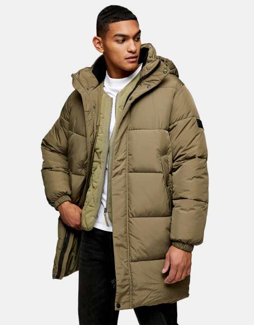 Topman considered longer length puffer jacket in khaki