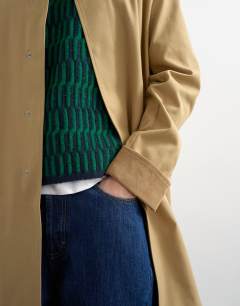 Model wearing Cord collar mac in camel