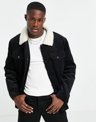 Topman cord jacket with borg collar in black