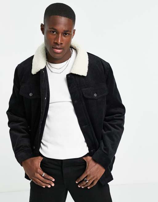 Topman cord jacket with borg collar in black | ASOS