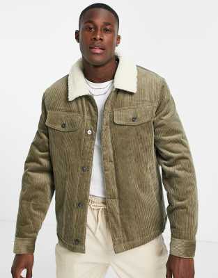 Topman cord jacket with borg collar in khaki - ASOS Price Checker