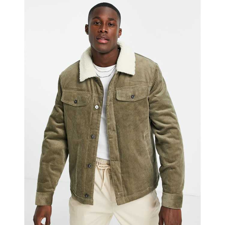 Topman cord jacket with borg collar in khaki
