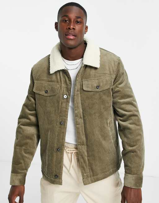 Topman cord jacket with borg collar in khaki