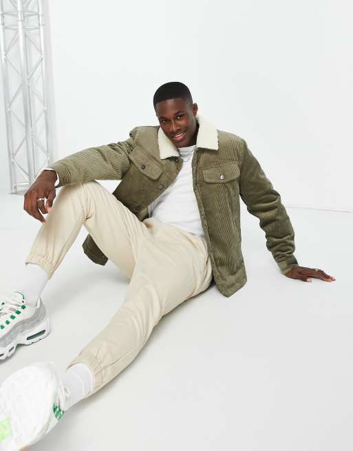 Topman cord jacket with borg collar in khaki ASOS