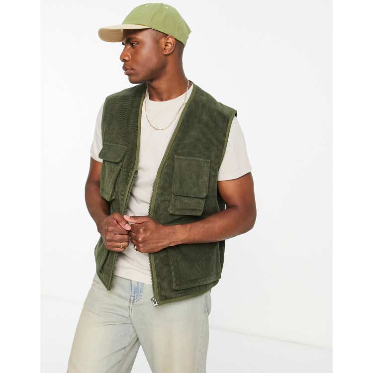 Topman cord pocket vest in khaki