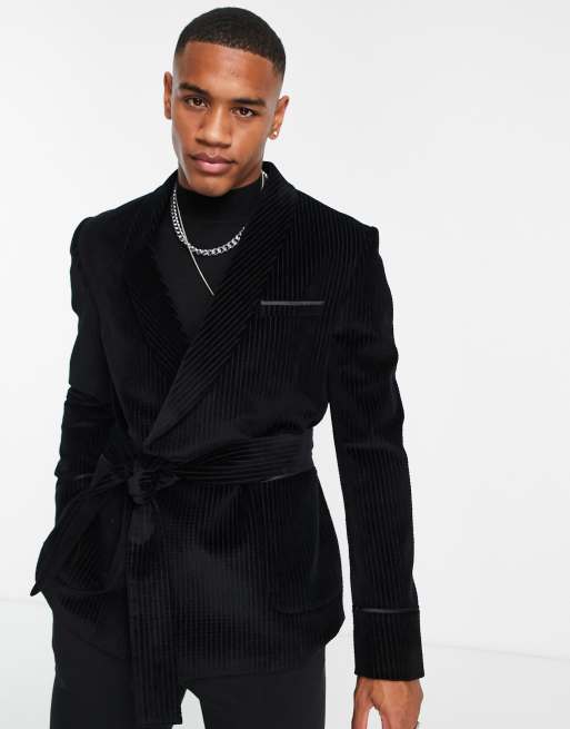 Topman cord wrap suit jacket in black ASOS