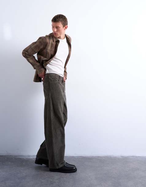 Topman corduroy baggy pants in khaki green - view 1