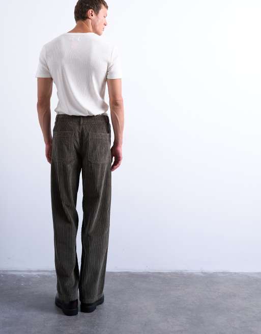 Topman corduroy baggy pants in khaki green