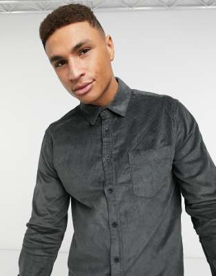 Topman corduroy slim shirt in charcoal 