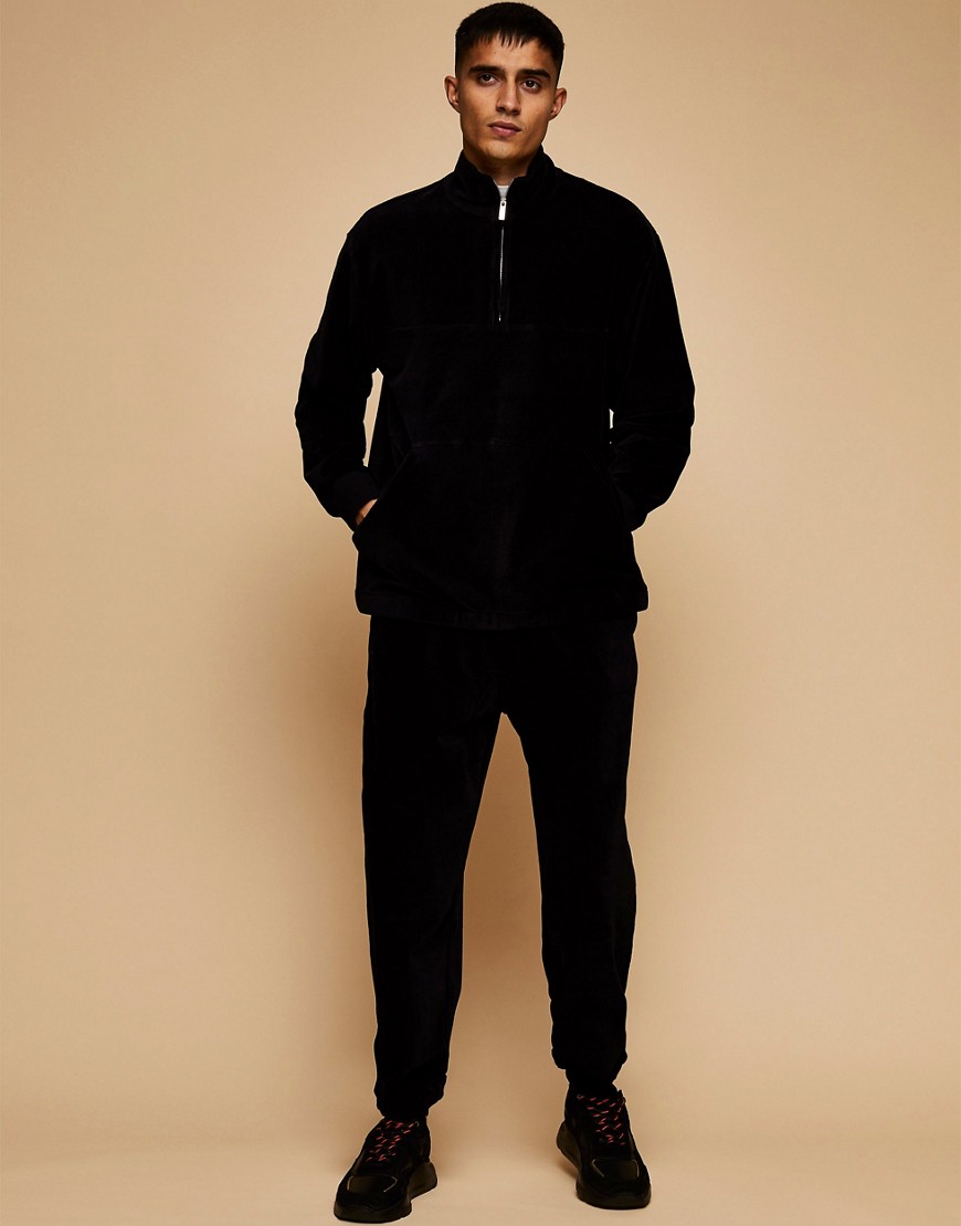 Topman - Corduroy sweater met korte rits in zwart, deel van combi-set