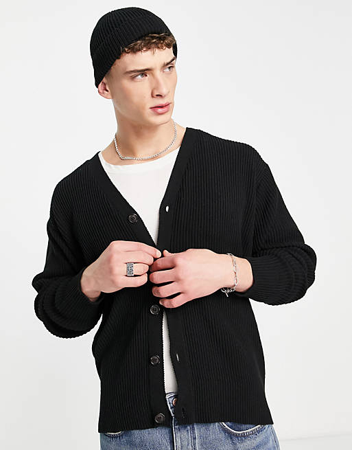 Topman cotton blend oversized knitted cardigan in black | ASOS