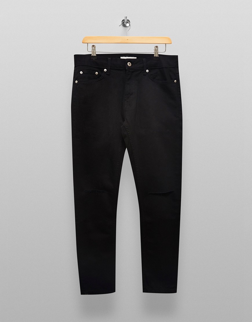 Topman cotton blend stretch skinny double knee rip jeans in black