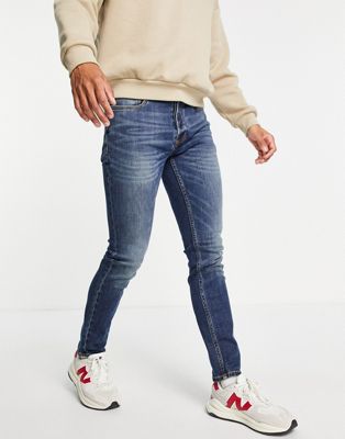 Topman cotton blend stretch skinny jeans in mid wash tint  - MBLUE