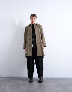 Model wearing Cotton canvas overcoat in khaki
