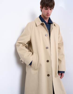 Topman Cotton Canvas Overcoat In Neutral