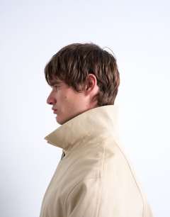 Model wearing Cotton canvas overcoat in stone