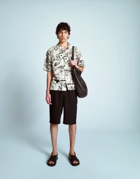 Topman cotton printed shirt in ecru - view 1