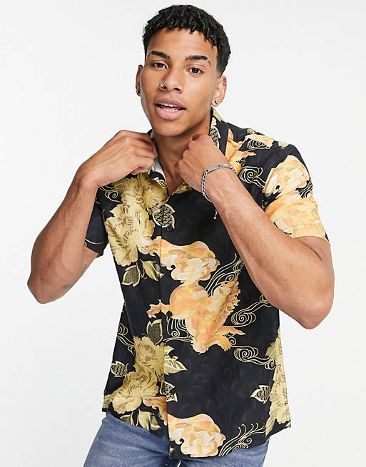 Topman cotton short sleeve shirt with floral print in black