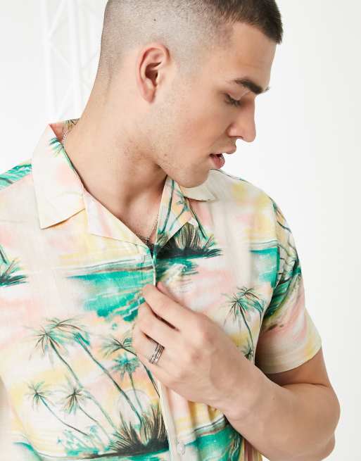 Topman cotton short-sleeved shirt with palm print in ecru 