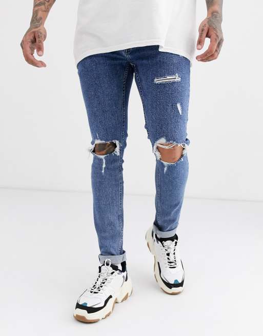 Topman  cotton skinny jeans with rips in mid wash 