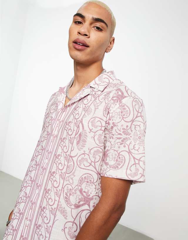 Topman cotton slub paisley print shirt in white and pink