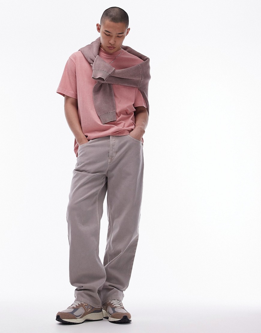 Topman cotton twill loose trousers in stone-Neutral