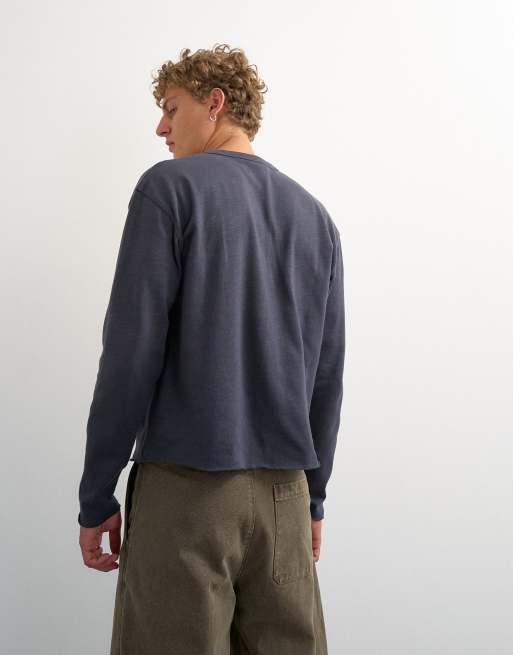 Topman coupe décontractée crop en maille épaisse slub à bord brut col henley gris ardoise, 5 de 5