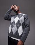 [Topman] Topman crew jumper in grey & white argyle M Grey / white