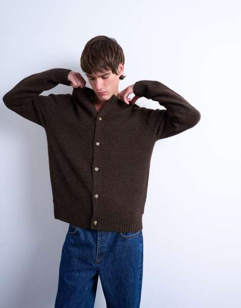 Topman crew neck cardigan in brown - view 1