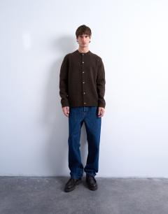 Model wearing Crew neck cardigan in brown